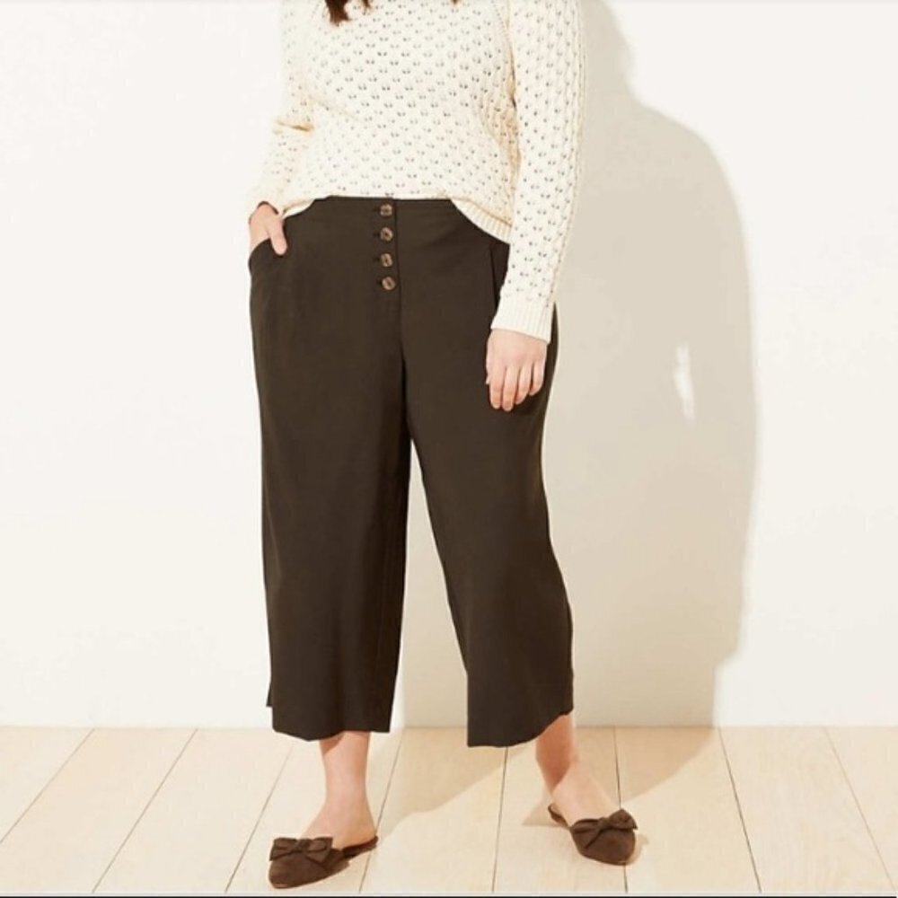 Ann Taylor LOFT Pant Trouser Button Front High Waist Olive Green Wide Leg Fall 6